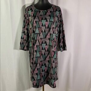 Dress Works Multicolor Metallic Christmas Tree Print 3/4 Sleeve Shift Dress